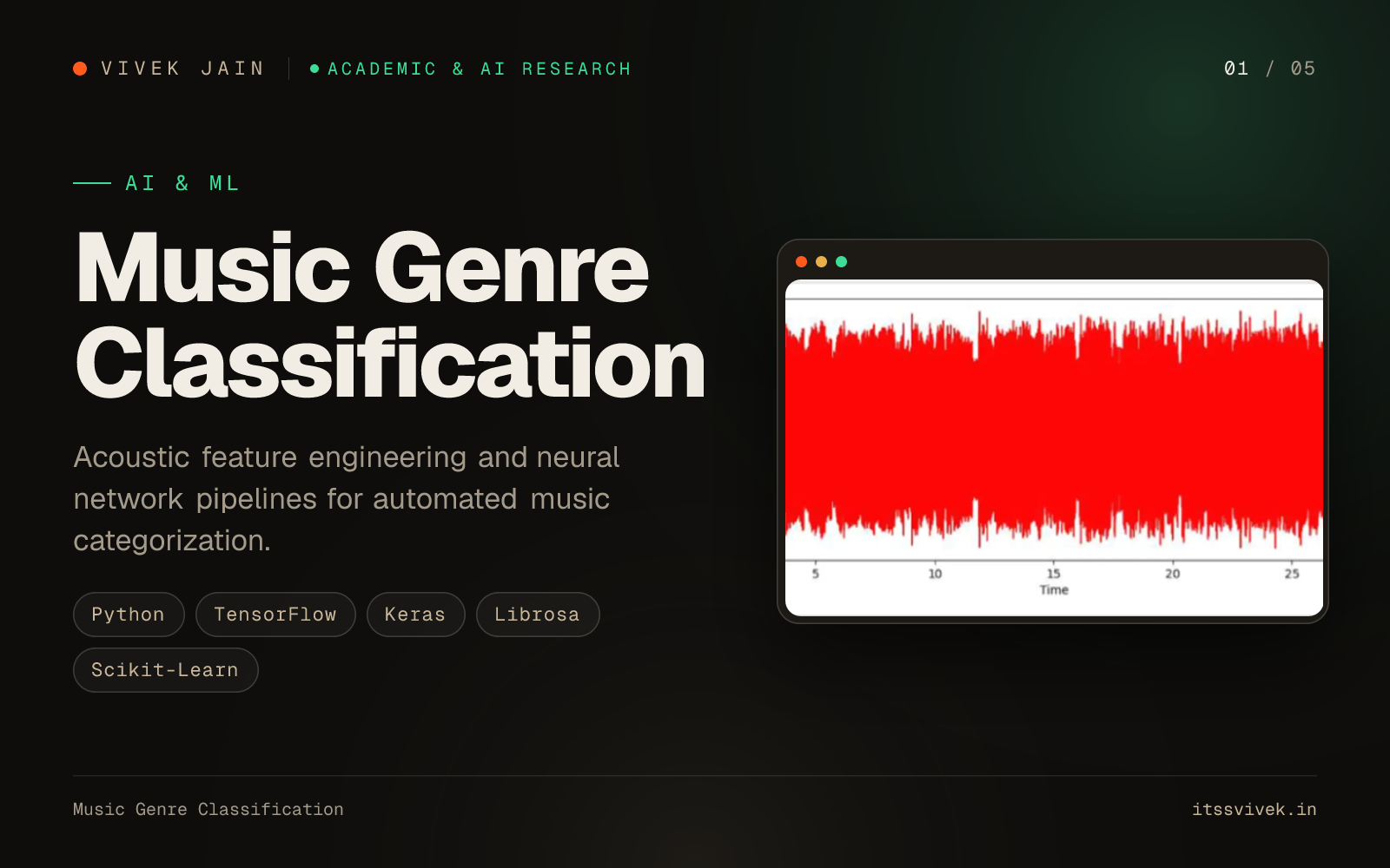 Music Genre Classification: Acoustic feature engineering and neural network pipelines for automated music categorization.