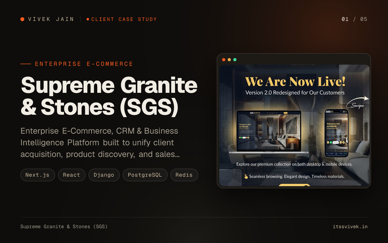 Supreme Granite & Stones (SGS): Enterprise E-Commerce, CRM & Business Intelligence Platform built to unify client acquisition, product discovery, and sales operations.